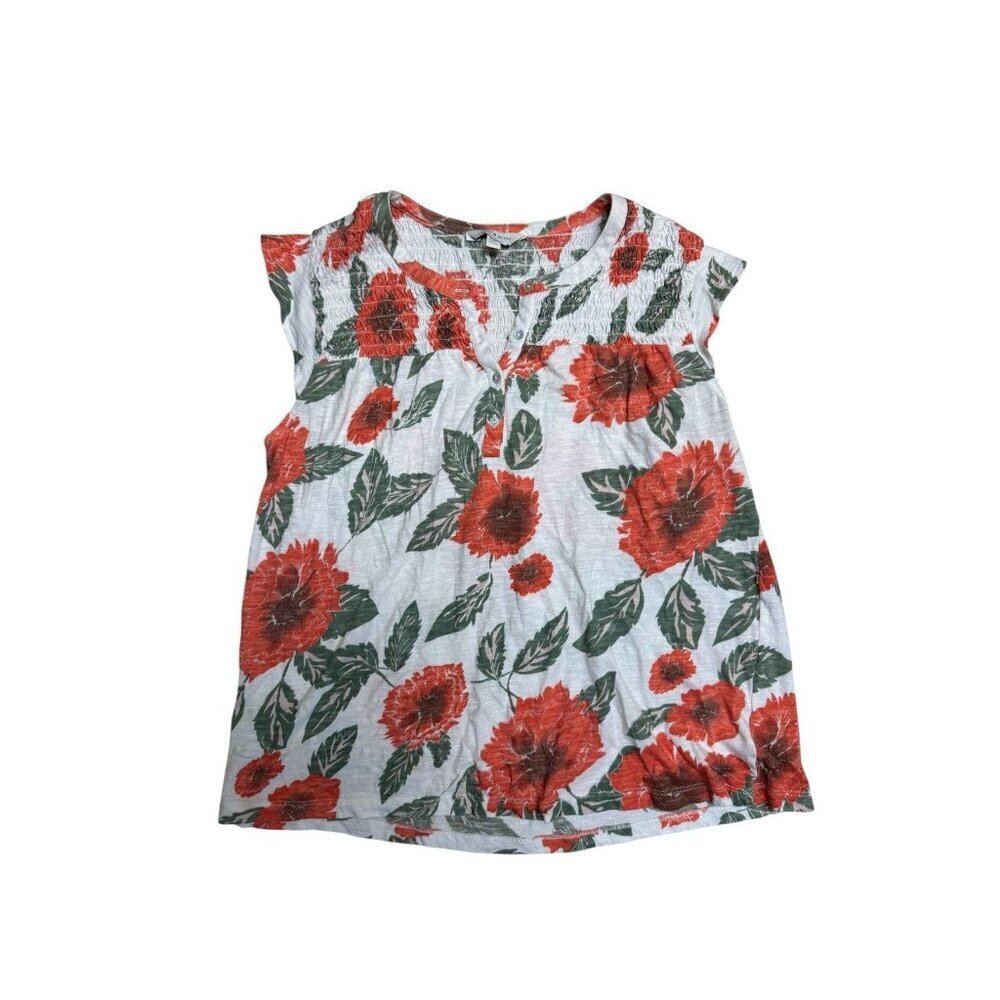 Lucky Brand Floral Smocked Boho Blouse Medium Red Green Peasant Top